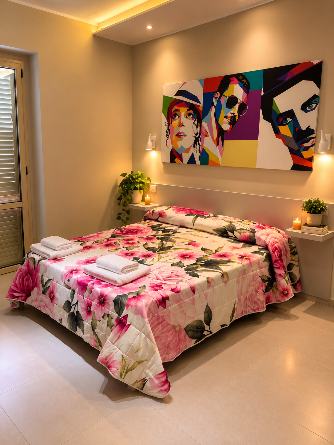 Una camera del B&B Centro Città, con la trapunta floreale e il quadro pop art sopra la testiera